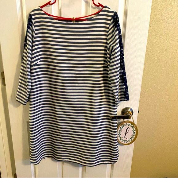 Eliza J Striped Navy & White Zipper Back Shift Dress w/ Lace Detail Size 14 - Picture 1 of 8